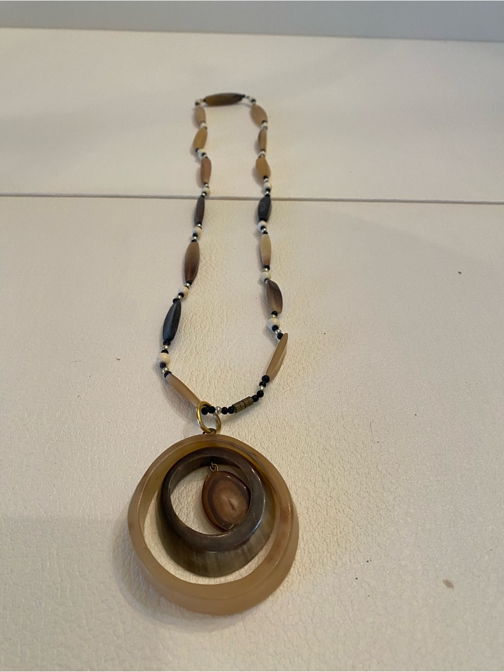 Vintage 1970’s Bohemian Natural Beige & Brown w O-Ring Pendant Necklace